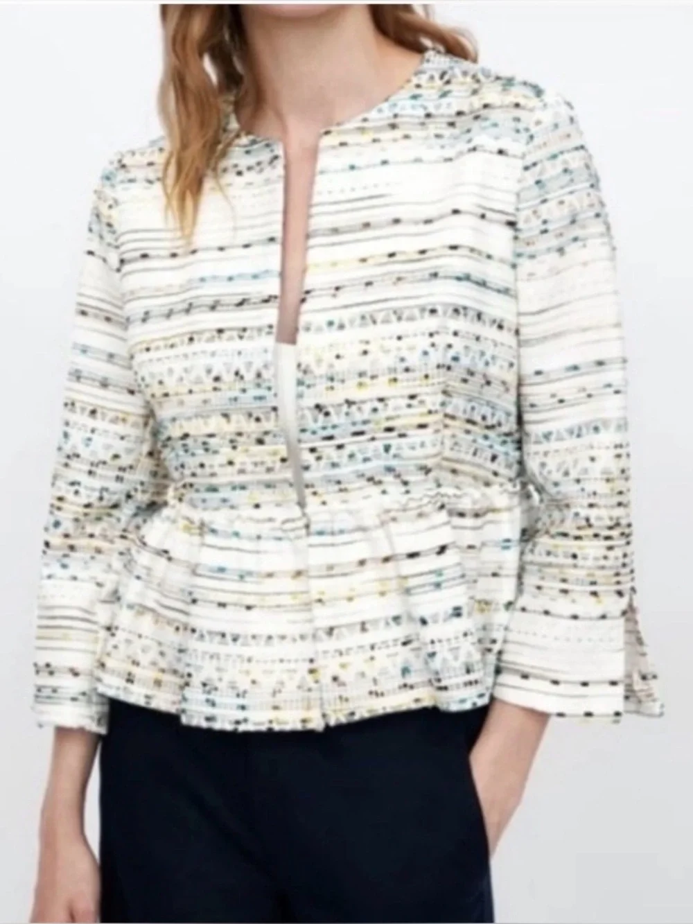 Zara Textured Peplum Jacket Blazer White Metallic Thread Open Front Size M - Picture 4 of 11